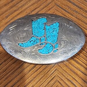 German Silver Belt Buckle with Turquoise Cowboy Boots
